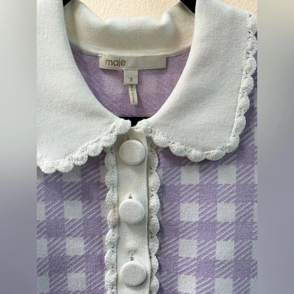 Maje woman’s Lavender Gingham Collared Knit Top with Scalloped Trim - Picture 2 of 8